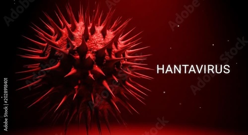 3d illustration of a red spiky hantavirus particle floating in a dark microscopic medical space.