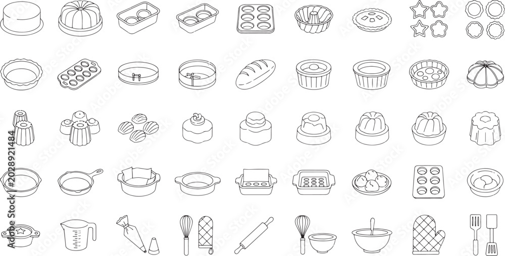Fototapeta premium Collection of black line icons of baking tools and desserts on white background