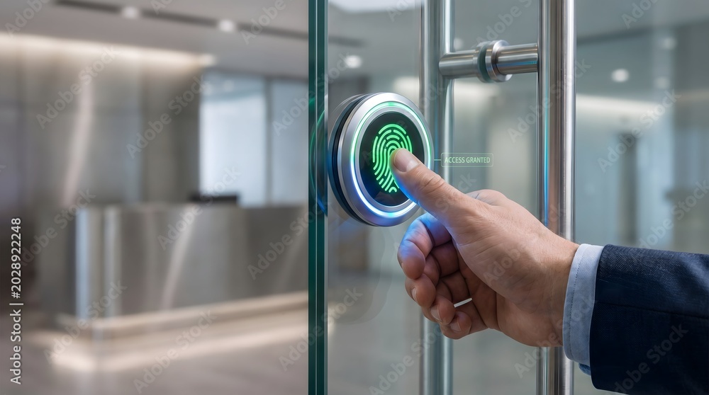 Obraz premium Close Up of Businessman Using Biometric Fingerprint Scanner Access System
