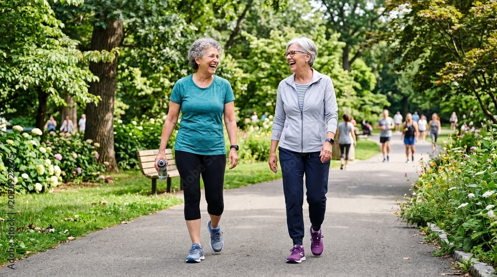 Fototapeta premium Two happy senior women friends walking and laughing in a park on a sunny day