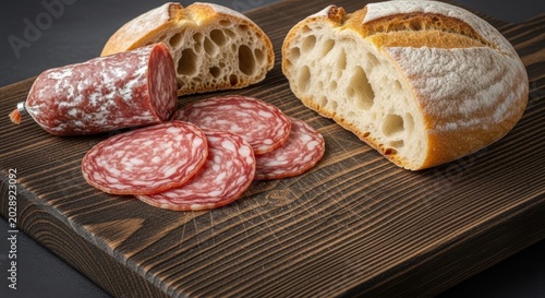 Slices of fresh crusty bread and marbled salami arranged on a rustic wooden cutting board with ample negative space for text and design, dinner, charcuterie, copy space
