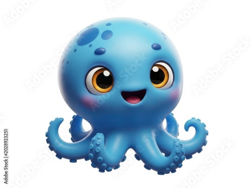 Cute cartoon blue octopus smiling isolated on white background