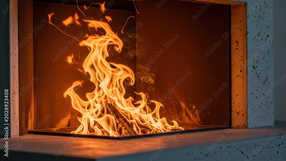 Naklejka premium A modern fireplace with a roaring fire set into a concrete wall.