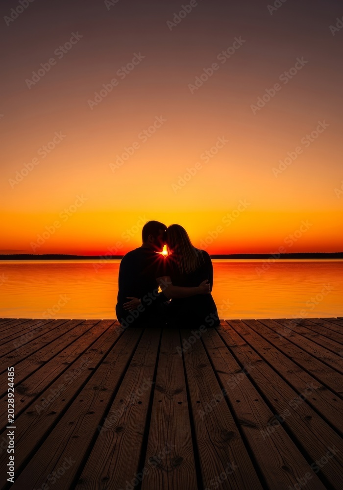 Obraz premium A pair sits closely on a wooden pier, overlooking the stillness of a lake as the sunset paints the sky in shades of orange and gold, harmony, pair, sky
