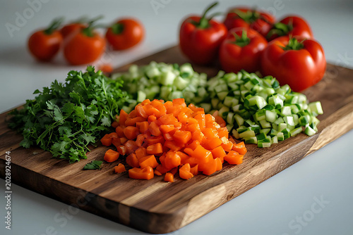 Freshly diced carrots, cucumbers, parsley, and whole red tomatoes arranged neatly on a wooden cutting board.