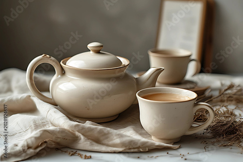 Vintage ceramic teapot and matching cups filled with warm tea on fabric