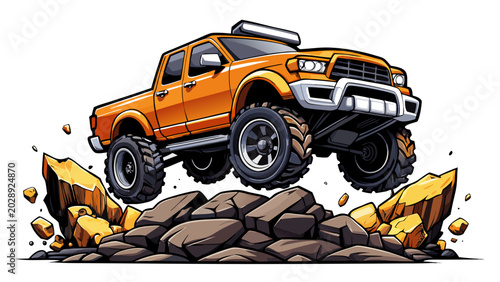 Obraz na plátně Orange Four Wheel Drive Pickup Truck Jumping On Sharp Rocks Vector Illustration