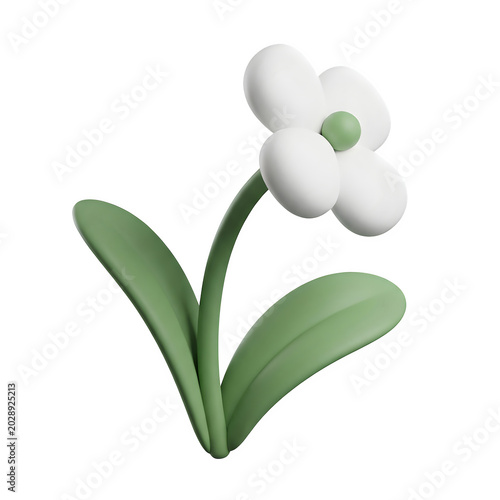 Minimalist white flower with green leaves isolated