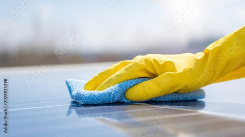 A Person in a Yellow Glove Cleaning Solar Panels with a Microfiber Cloth Under Bright Sunlight to Ensure Maximum Efficiency and Longevity