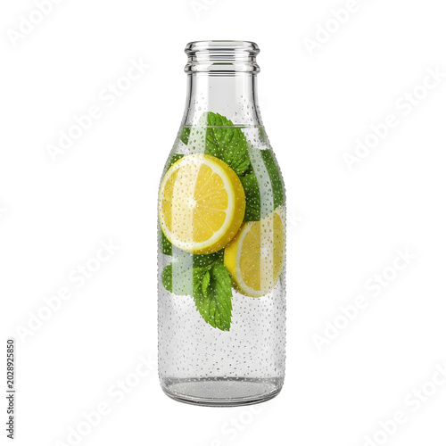 Glass bottle with lemon and mint.