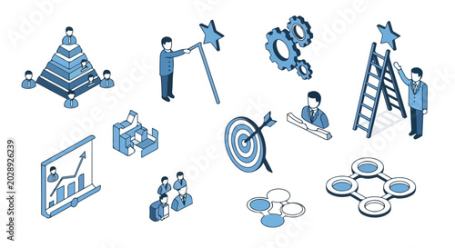 Isometric business icons illustrating concepts of hierarchy, goal setting, teamwork, growth, strategy, and professional success in a professional style.