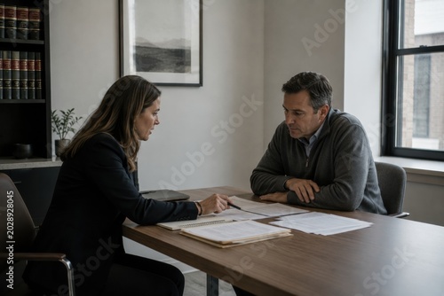 Bankruptcy Attorney Reviewing Case Documents With Worried Client In Law Office
