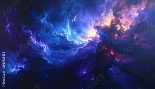 A vibrant cosmic scene featuring swirling nebulae in various colors, showcasing a dynamic interplay of light and shadow