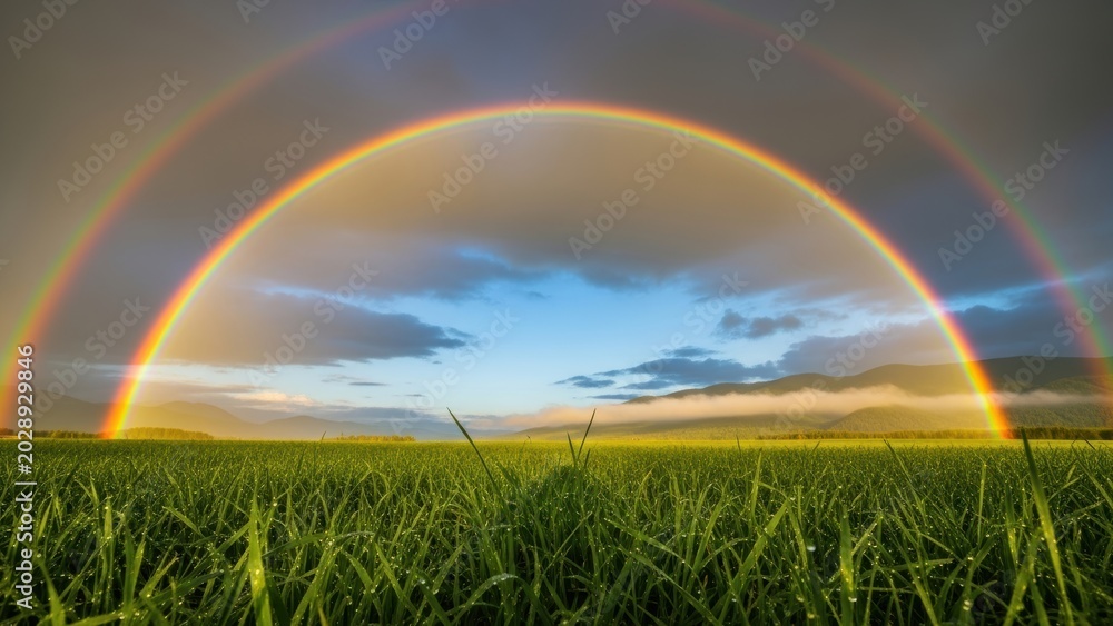 Fototapeta premium A vibrant, perfect double rainbow arching over a lush green meadow.