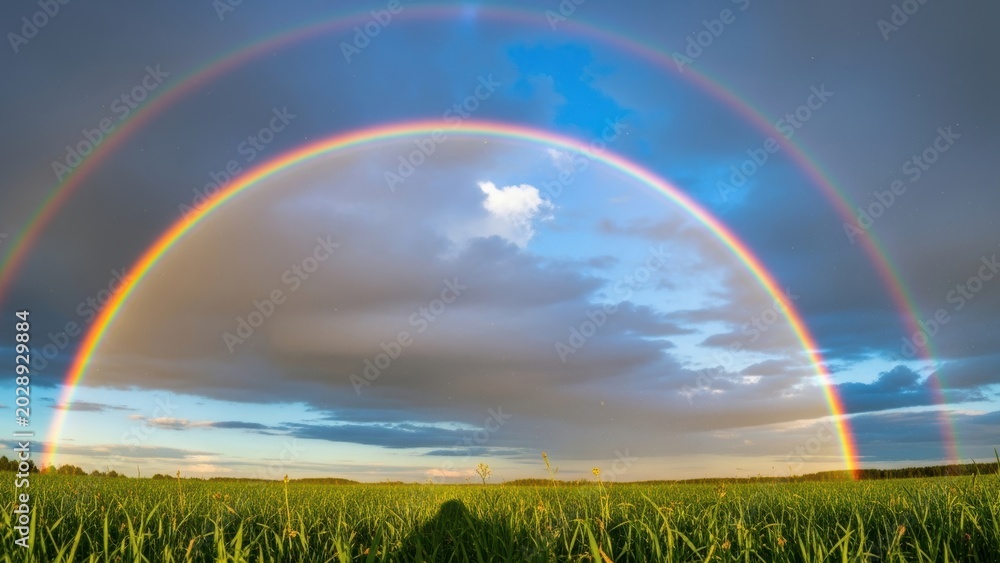 Fototapeta premium A wide-angle shot of a double rainbow over a green field and cloudy sky.
