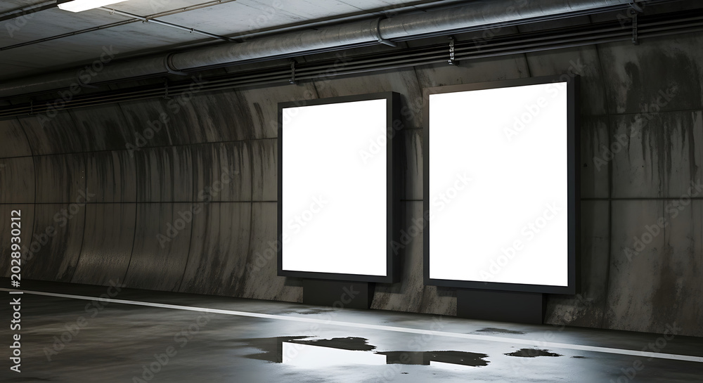 Obraz premium Two blank billboard mockup units positioned within a modern urban pedestrian subway corridor, illuminated lightbox poster frame for commercial marketing and brand promotion in a transit hub.