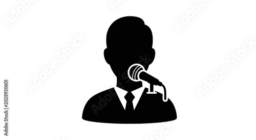 Canvastavla Speaker silhouette stands ready to deliver a public address into a professional microphone during a formal business conference or corporate event setting