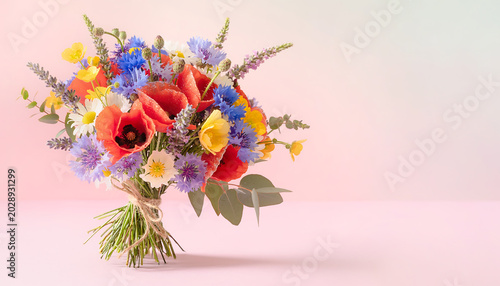 A beautiful and colorful bouquet of fresh wildflowers, including poppies, cornflowers, and daisies, tied with twine on a soft pink background.