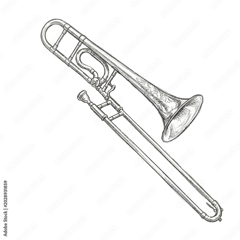 Obraz premium Trombone sketch, musical instrument, brass instrument, vintage drawing