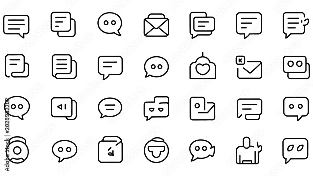 Fototapeta premium Set of black line icons for chat speech bubbles and communication on white background