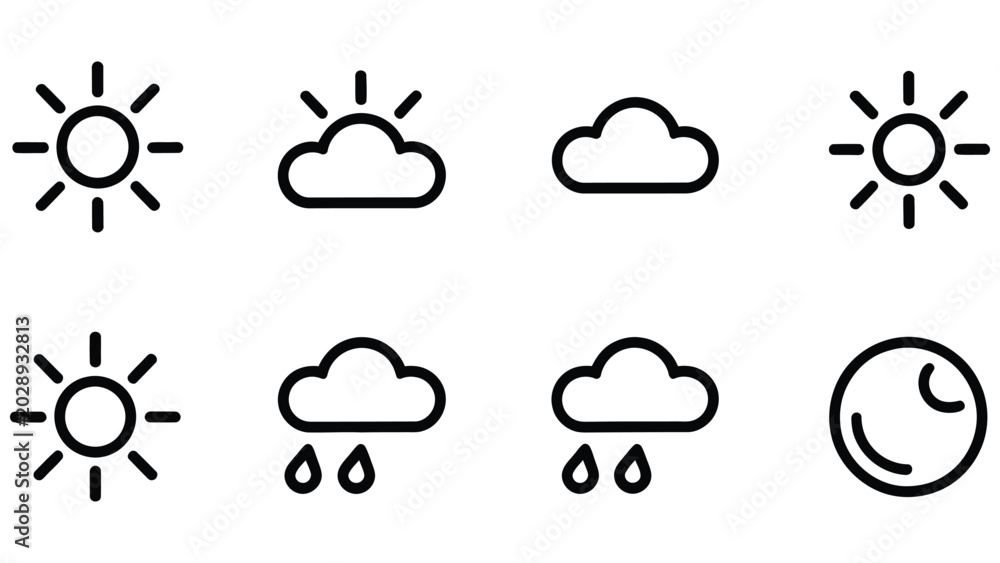 Αυτοκόλλητο Weather forecast icons with sun cloud rain and moon phases on white background
