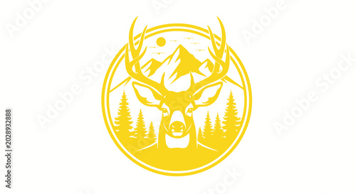 Billede på lærred Majestic deer head with mountain and forest landscape inside a circle, yellow gr