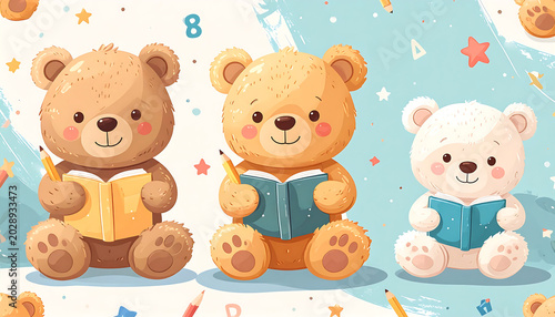 Three adorable cartoon teddy bears reading books and holding pencils, depicting a cute learning scene.