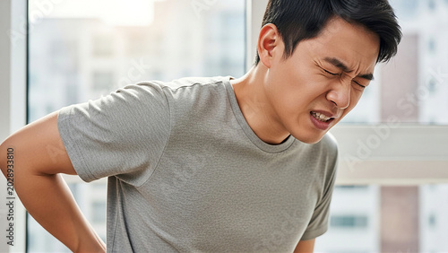 腰痛で腰を押さえる患者 整形外科と健康管理をイメージした医療コンセプト