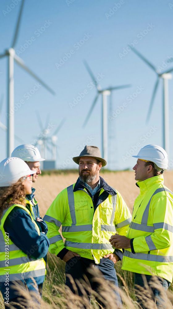 Fototapeta premium Wind Turbine Engineers in Discussion: A group of engineers in high-visibility jackets and hard hats stand in a field of wind turbines, discussing renewable energy solutions under a clear blue sky.