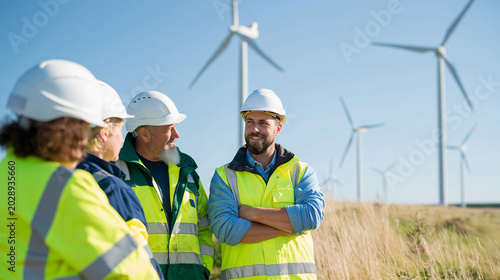 Renewable Energy Team: A group of engineers in hard hats and high-visibility vests confer near wind turbines, discussing a project in the field of clean energy production.