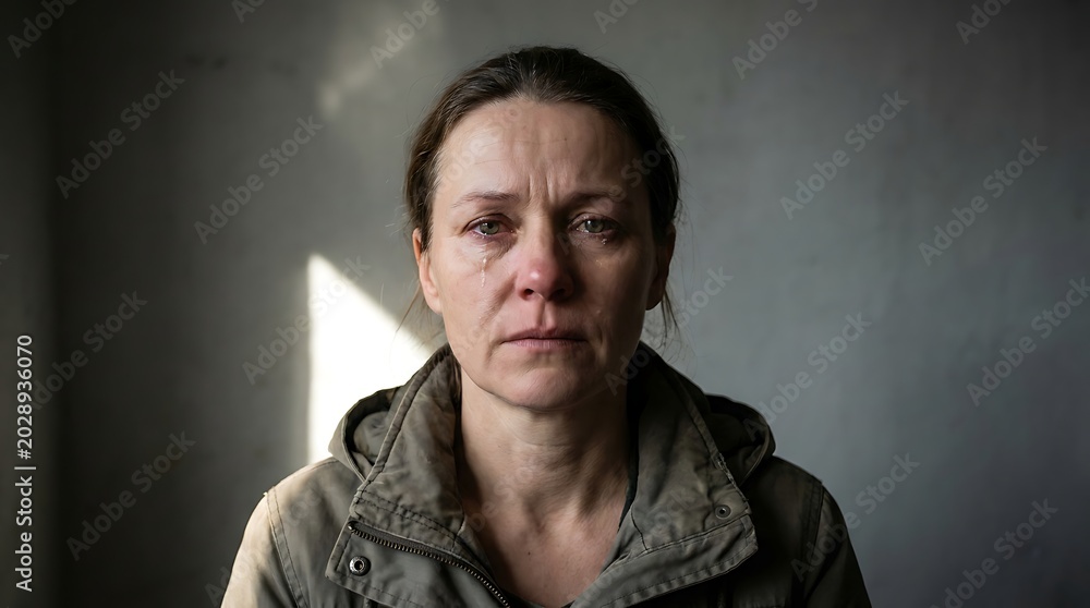 Fototapeta premium A somber woman with tear-streaked cheeks looks directly at the camera with a pensive expression.