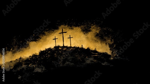Silhouette of thress crosses on a hill top
