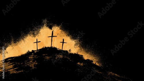 Silhouette of thress crosses on a hill top