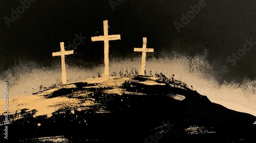 Silhouette of thress crosses on a hill top