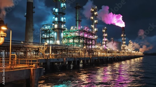 Industrial nighttime scene of a vibrant oil refinery complex with illuminated infrastructure and smokestacks near water