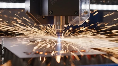 Industrial laser cutter cutting metal sheet producing sparks and precision shapes for manufacturing processes
