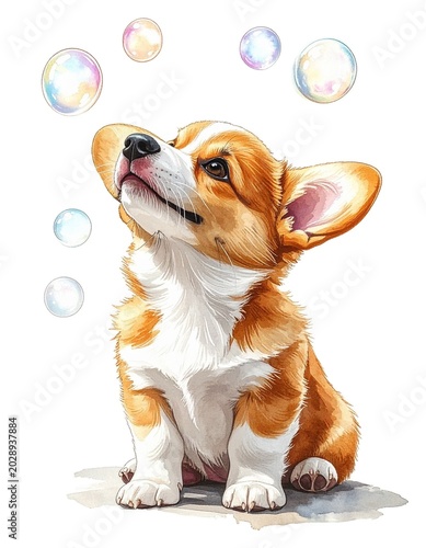 Watercolor Corgi Puppy Looking Up at Soap Bubbles — Dreamy Whimsical Summer Dog Illustration