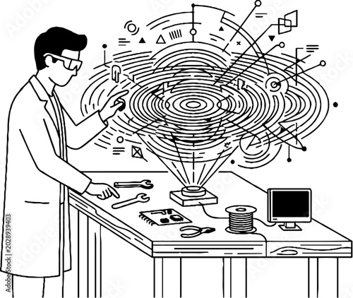 Scientist analyzing complex three dimensional holographic data projection