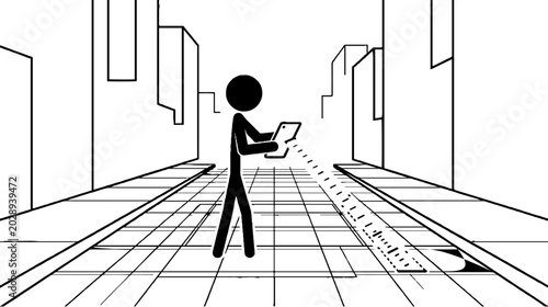 Stick figure using augmented reality tablet in city street