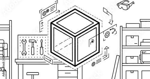 Technical isometric diagram of smart device in workshop