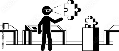 Stick figure man using virtual reality headset with puzzle piece