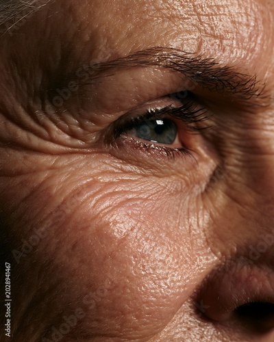 extreme macro portrait of mature menopausal skin with elasticity loss and crepey texture, authentic fine wrinkles