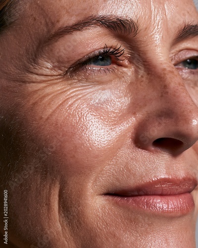 ultra realistic menopausal skin close-up with healthy glow returning after skincare treatment