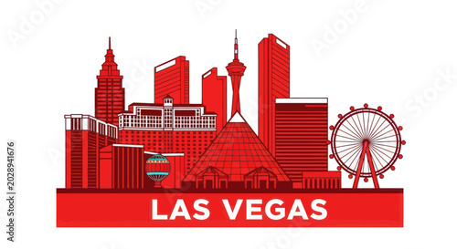 Canvas Print Las Vegas Skyline Silhouette, Red Buildings, Ferris Wheel, Iconic Landmarks