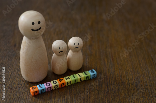 Sad Children Figurines and Smiling Adult Explaining Child Abuse Concepts