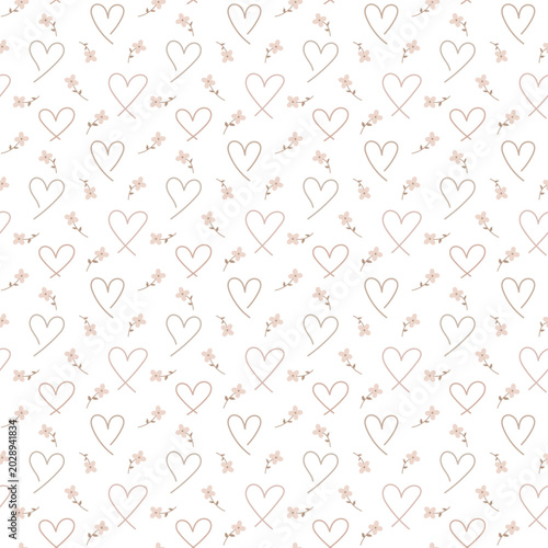 A seamless pattern of hearts and flowers is scattered across a yellow background. Wallpaper concepts related to love. Vector illustration.