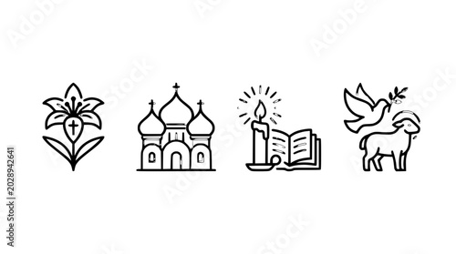 Foto Christianity Icons: Lily, Church, Candle, Lamb & Dove - Religious Symbols