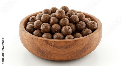 Wooden bowl filled with brown peppercorns ready for seasoning.