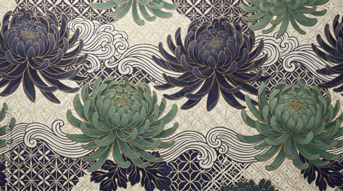 Seamless traditional Japanese floral pattern with chrysanthemum and wave motifs in vintage style