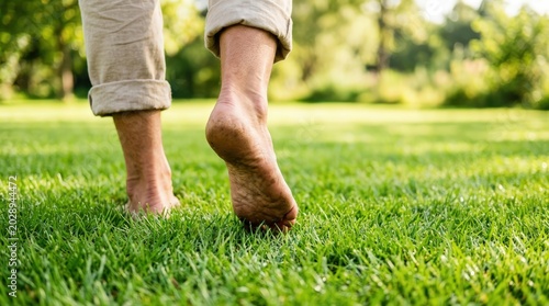 Person walking barefoot on lush green grass in sunny park, emphasizing natural connection, freedom, and simple joys of outdoor healthy living.